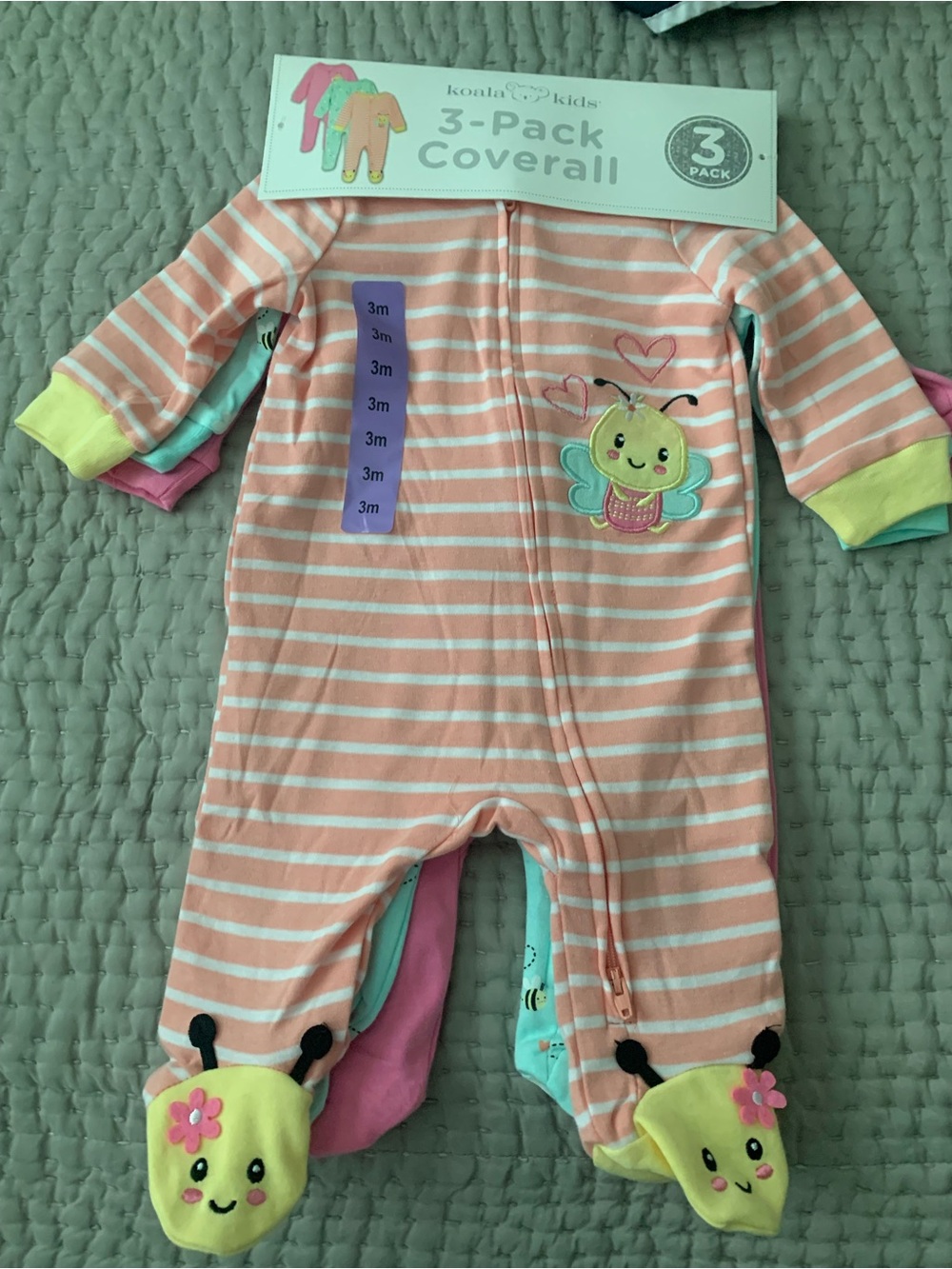 Koala Kids Peach and White Striped Bee Applique Footed Coverall